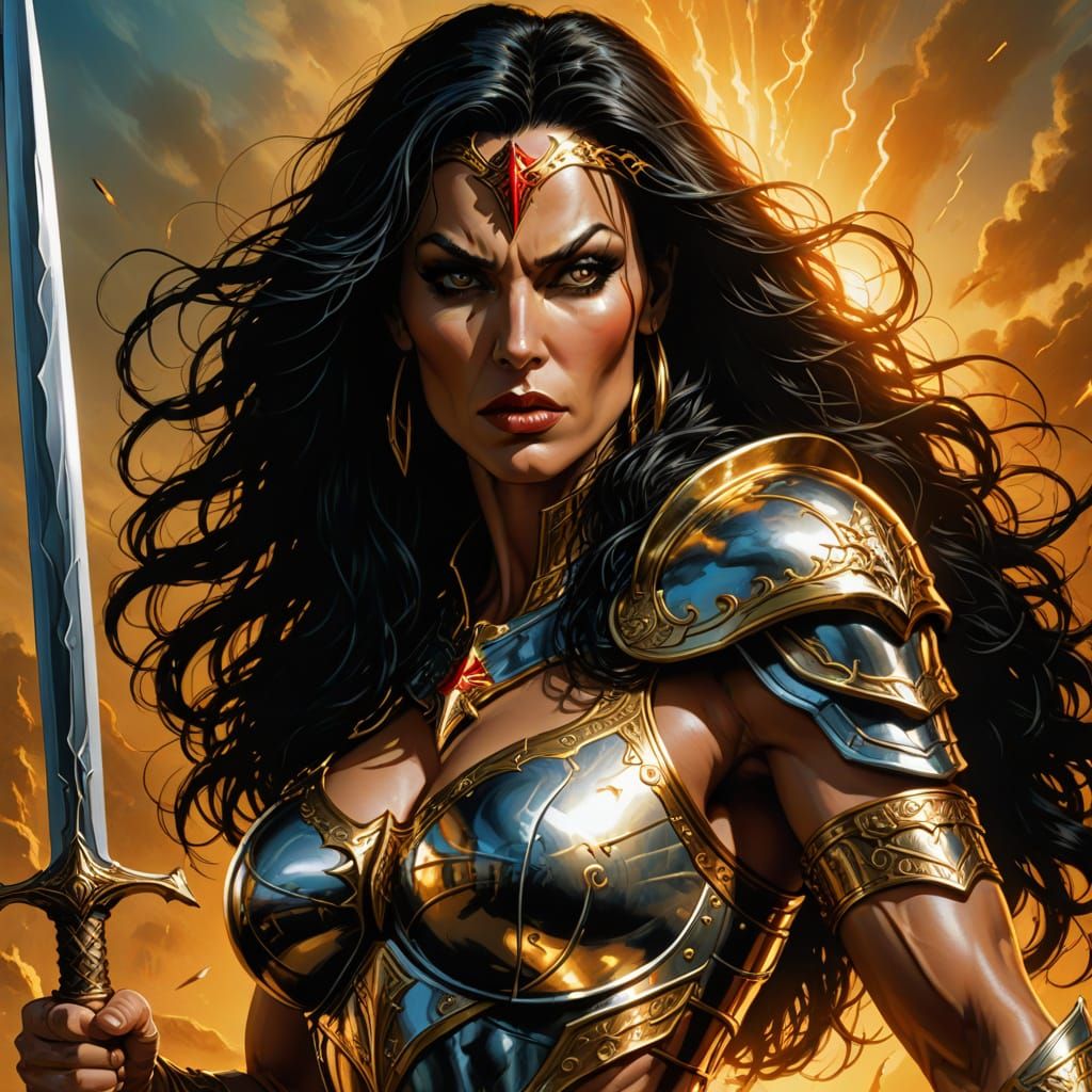 Muscular Woman Wielding Excalibur: Comic Book Illustration