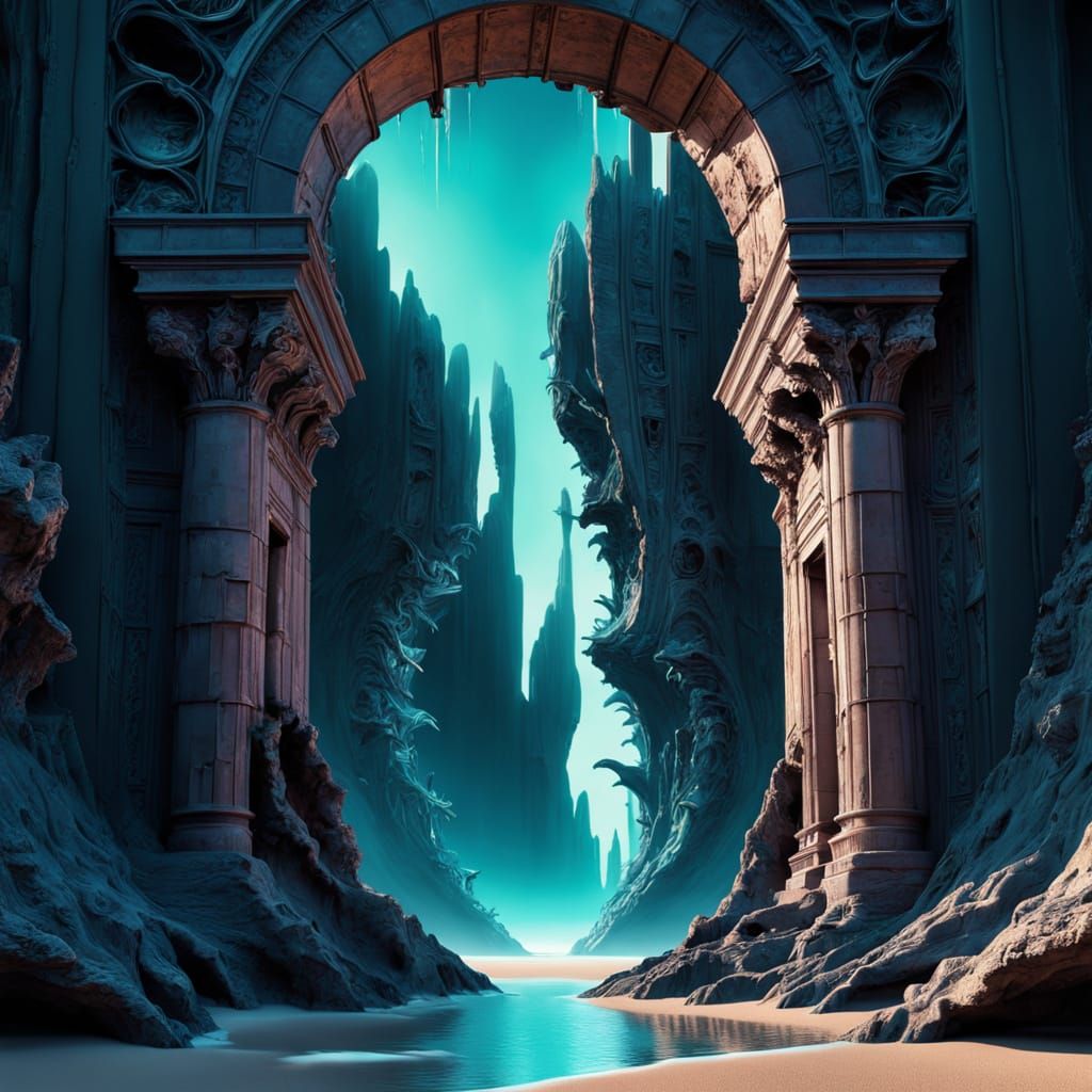 Surreal Beach Portal Unveils Cosmic Chaos in Neon Hues