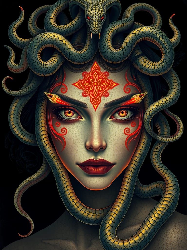 Glowing Medusa Portrait in Neon Art Nouveau Style