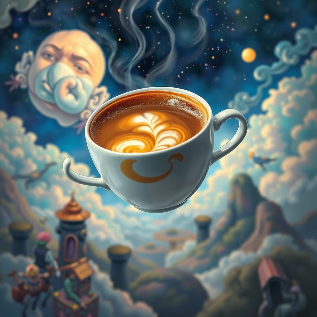 Surreal Dreamscape Cup of Cappuccino Flies Effortlessly