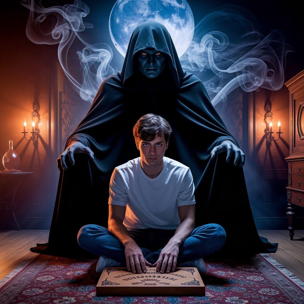Eerie Ouija Board Séance in Dark Room