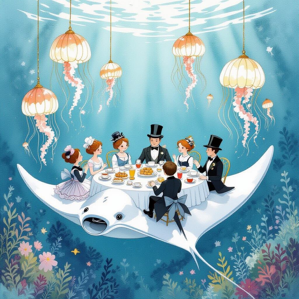 "A tea party on the back of a manta ray, with jellyfish providing light and starfish offering sugar cubes, all in a scen...