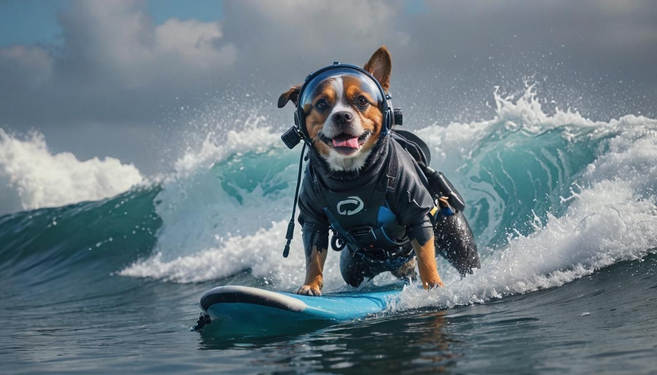 Dog Surfing in Diver Suit: Hyperrealistic Splash Art