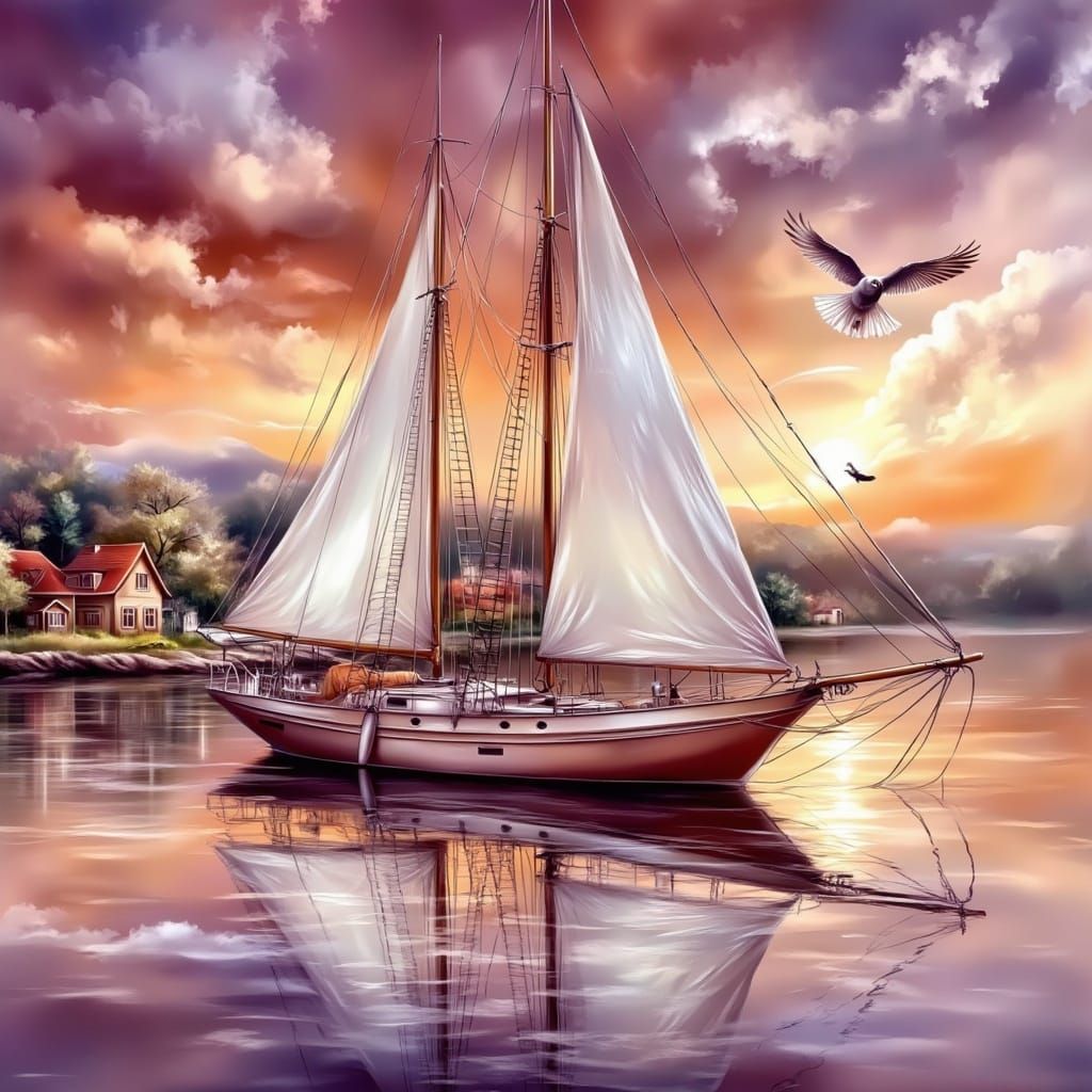 Vibrant Lake Village Scene at Sunset in Watercolor Style