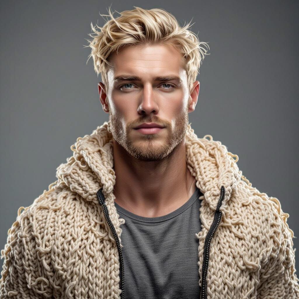 Muscular Man in Knitted Spaghetti Jacket
