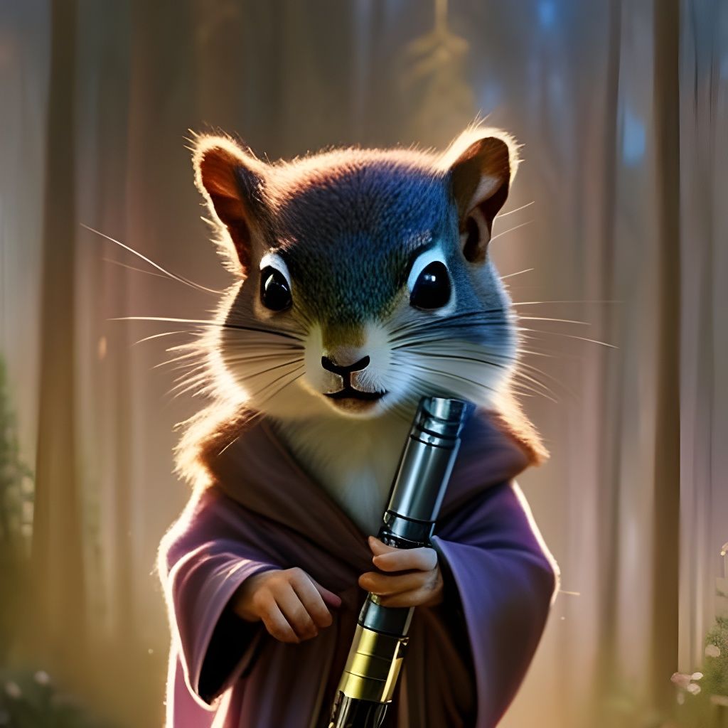 Chibi Squirrel Jedi with Lightsaber, Digital Illustration
