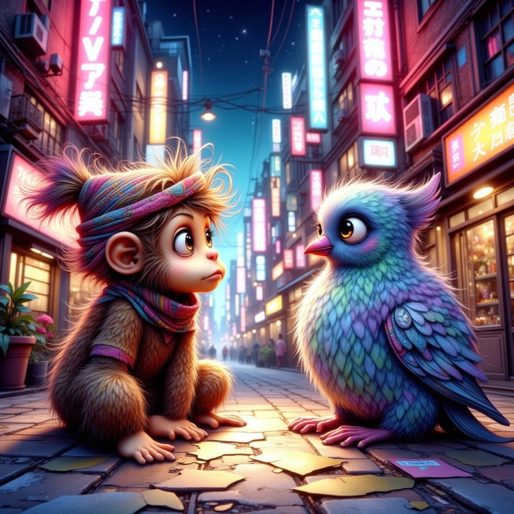 80s Anime Monkey and Pigeon Friendship Scene
