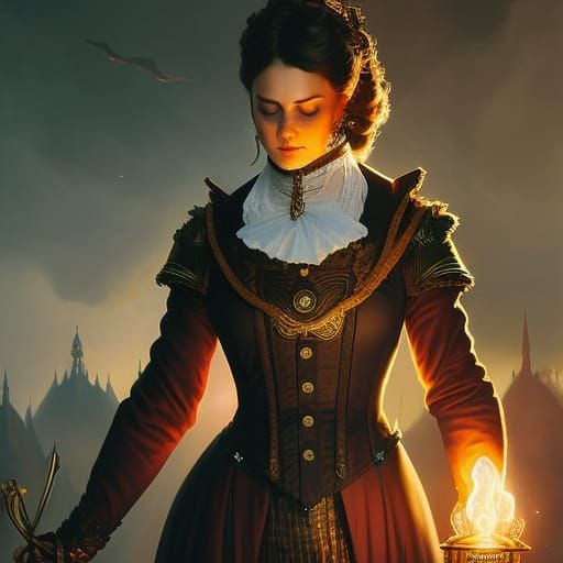 Vicorian Woman Casting A Fire Spell