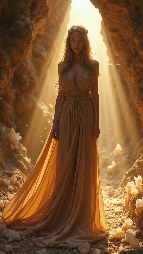 Ethereal Woman in Crystal Cave, Art Nouveau Style