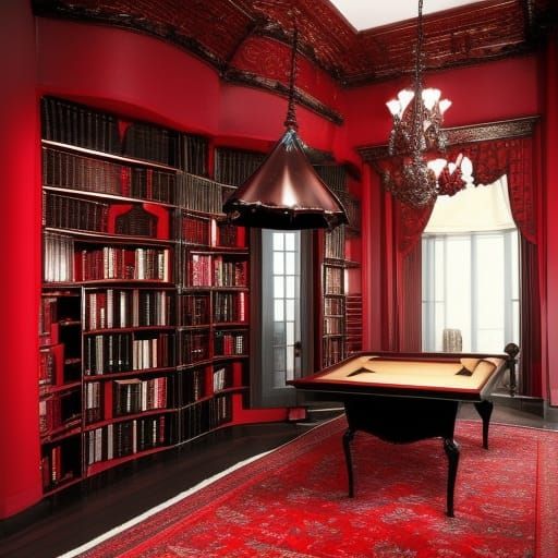 Mystery Gothic penthouse with Secret hidden passages& Black walls with Cherry red accents& Cherry red furniture& gothic ...