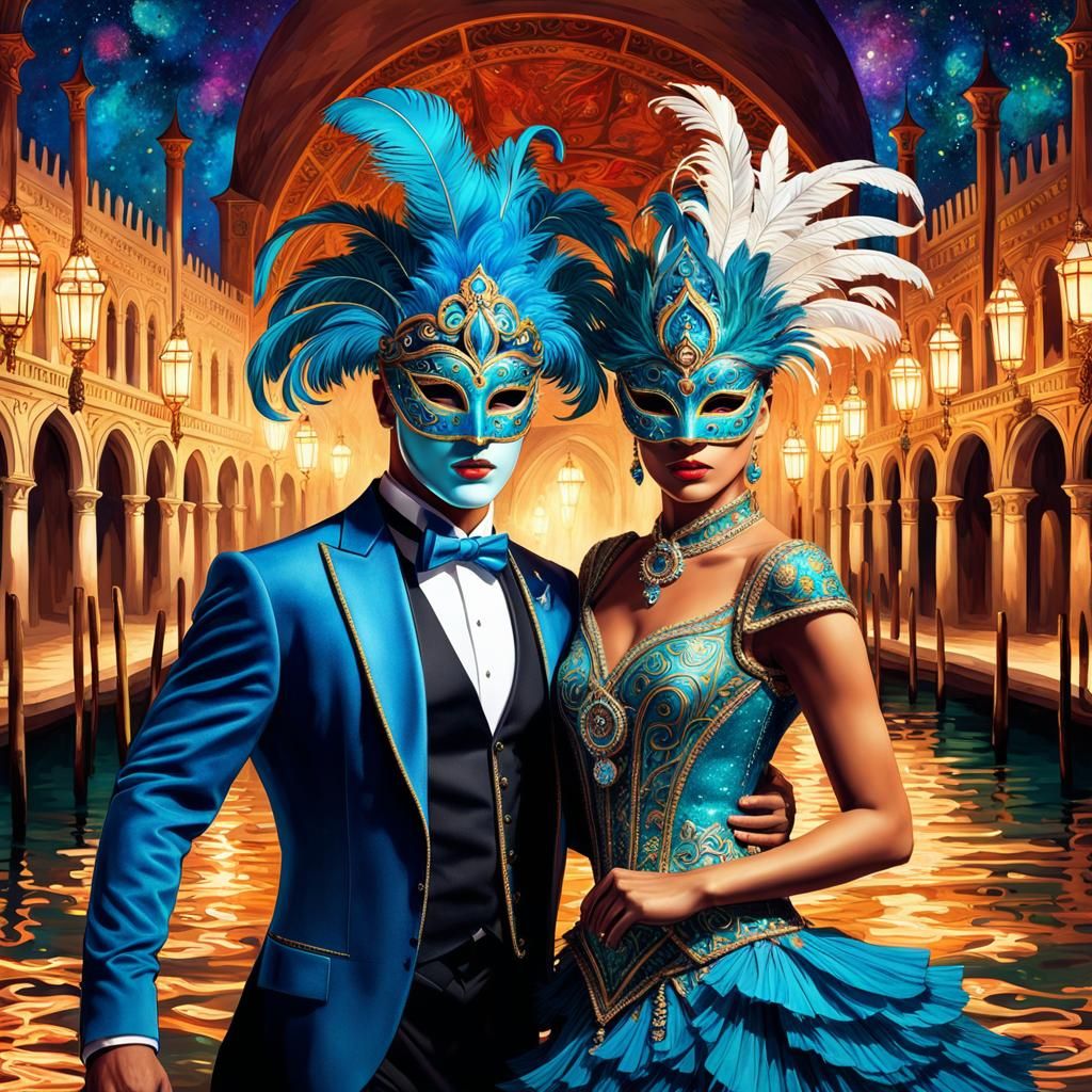 Venetian Masked Ball: Watercolor Illustration with Arabesque...