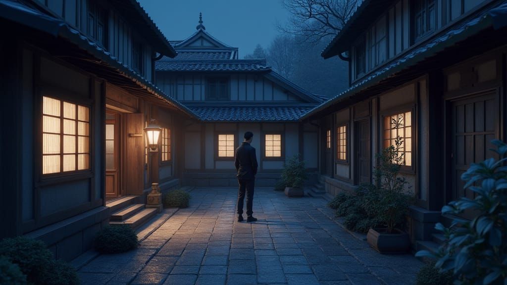 Cozy Military Courtyard at Night in 3D Anime Style