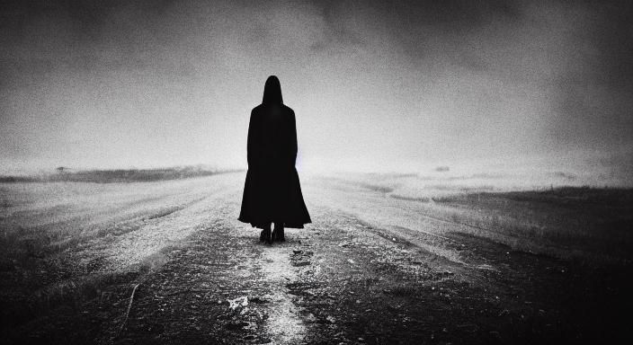 Eerie Film Noir: Woman in Moonlit Landscape