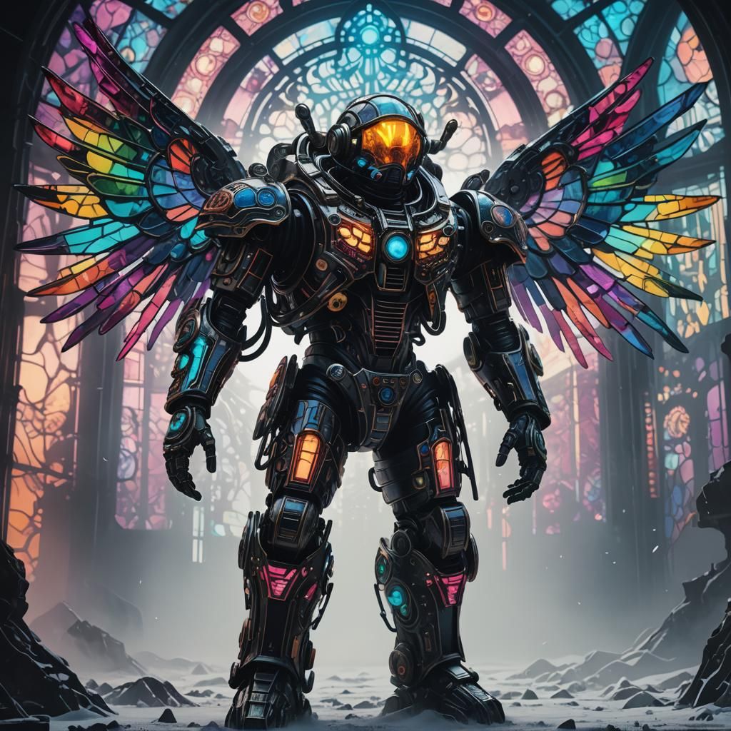Biomechanical Astronaut with Stained Glass Wings in Synthwav...