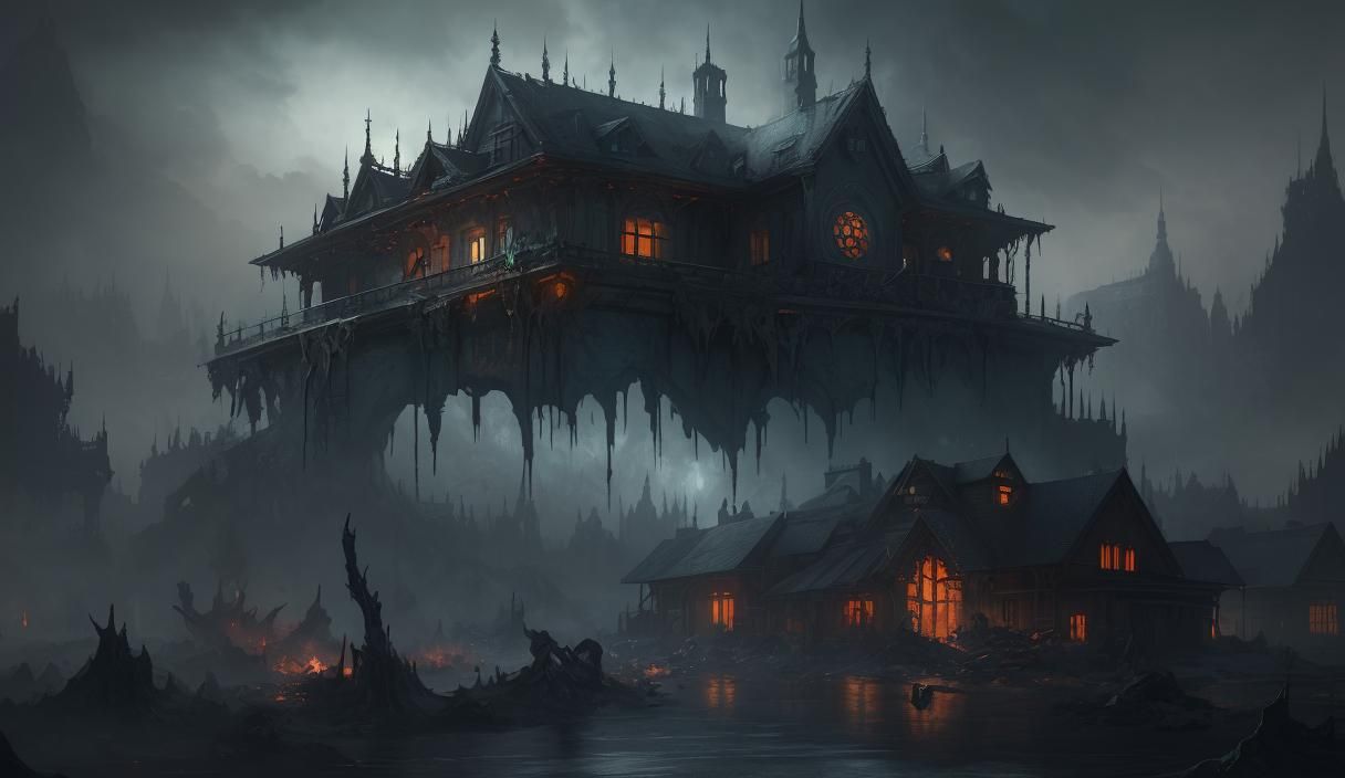Creepy Eye over Decaying House: Fantasy Concept Art