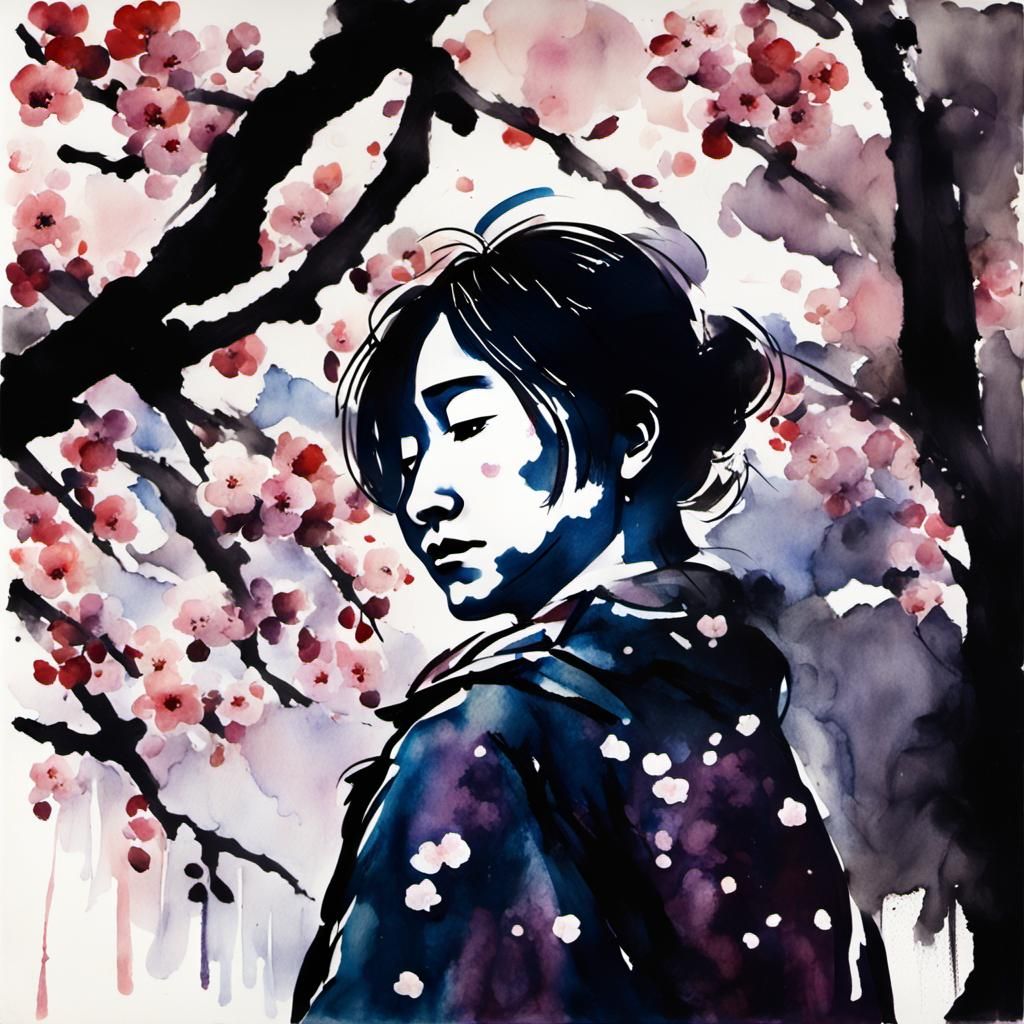 Desolate Figure Under Cherry Blossoms in Expressionist Style