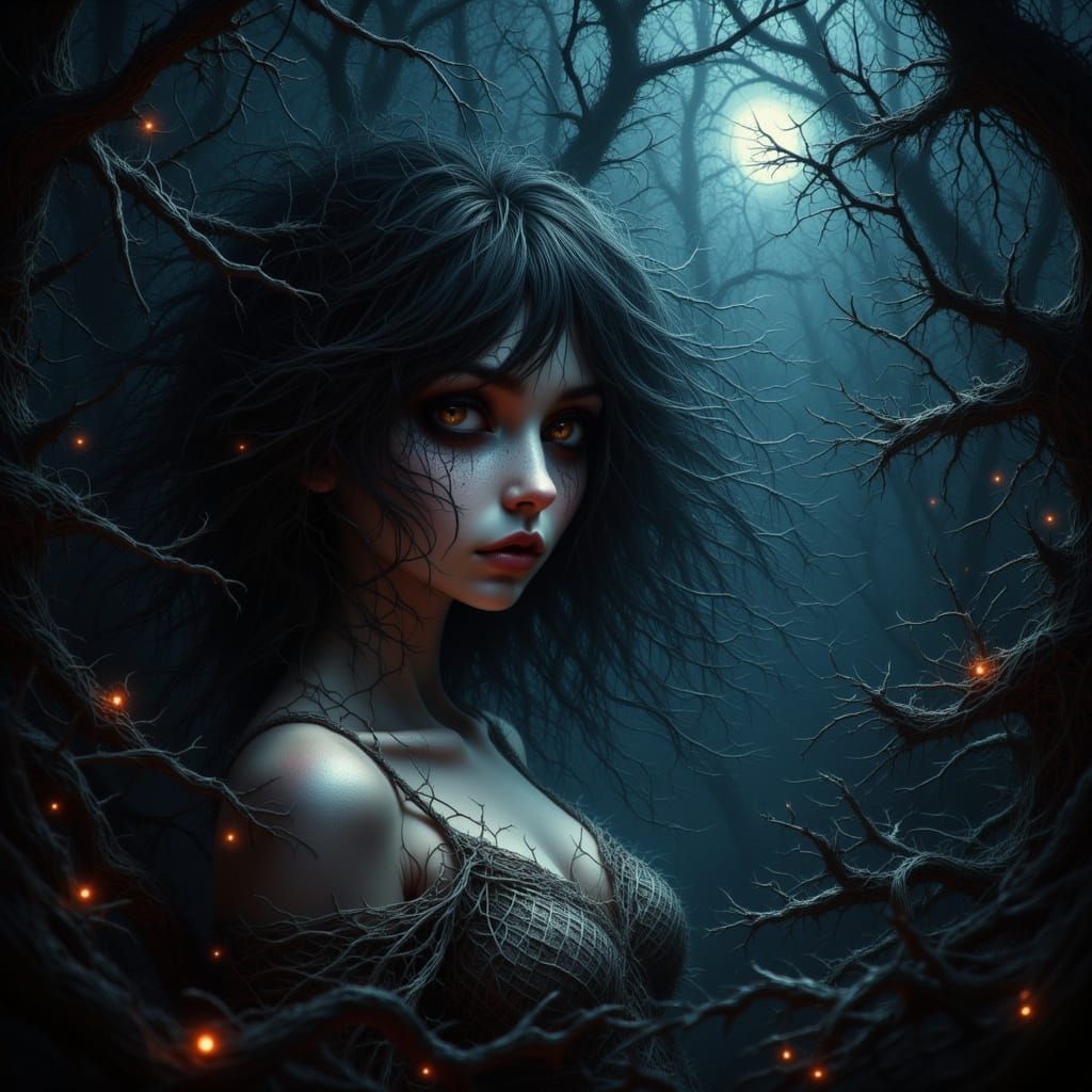 Ethereal Woman Shivering in Pines Under Flickering Light