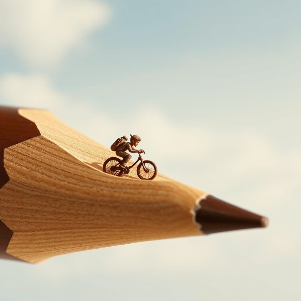 Surreal Pencil Sculpture of Kids Cycling Downhill