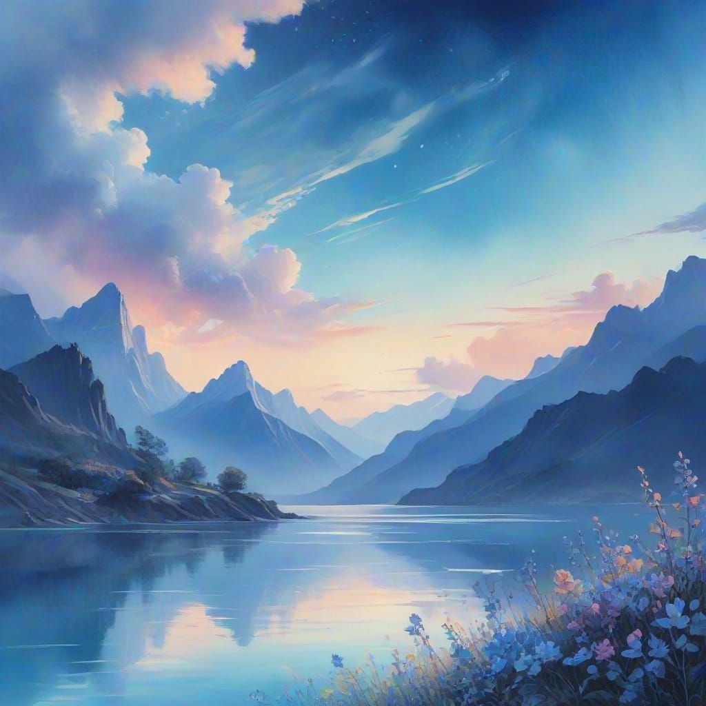 Ethereal Blue World Watercolor Panorama