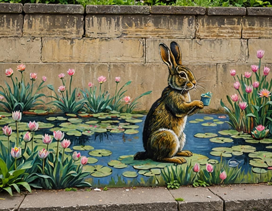 Rabbit Recreates Monet's Water Lilies as Chalk Art