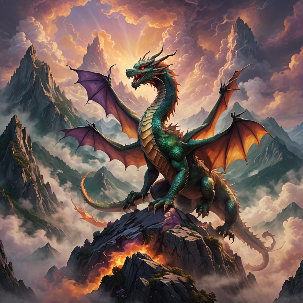 Magnificent Dragon on Mountain Peak in Fantasy Illustration