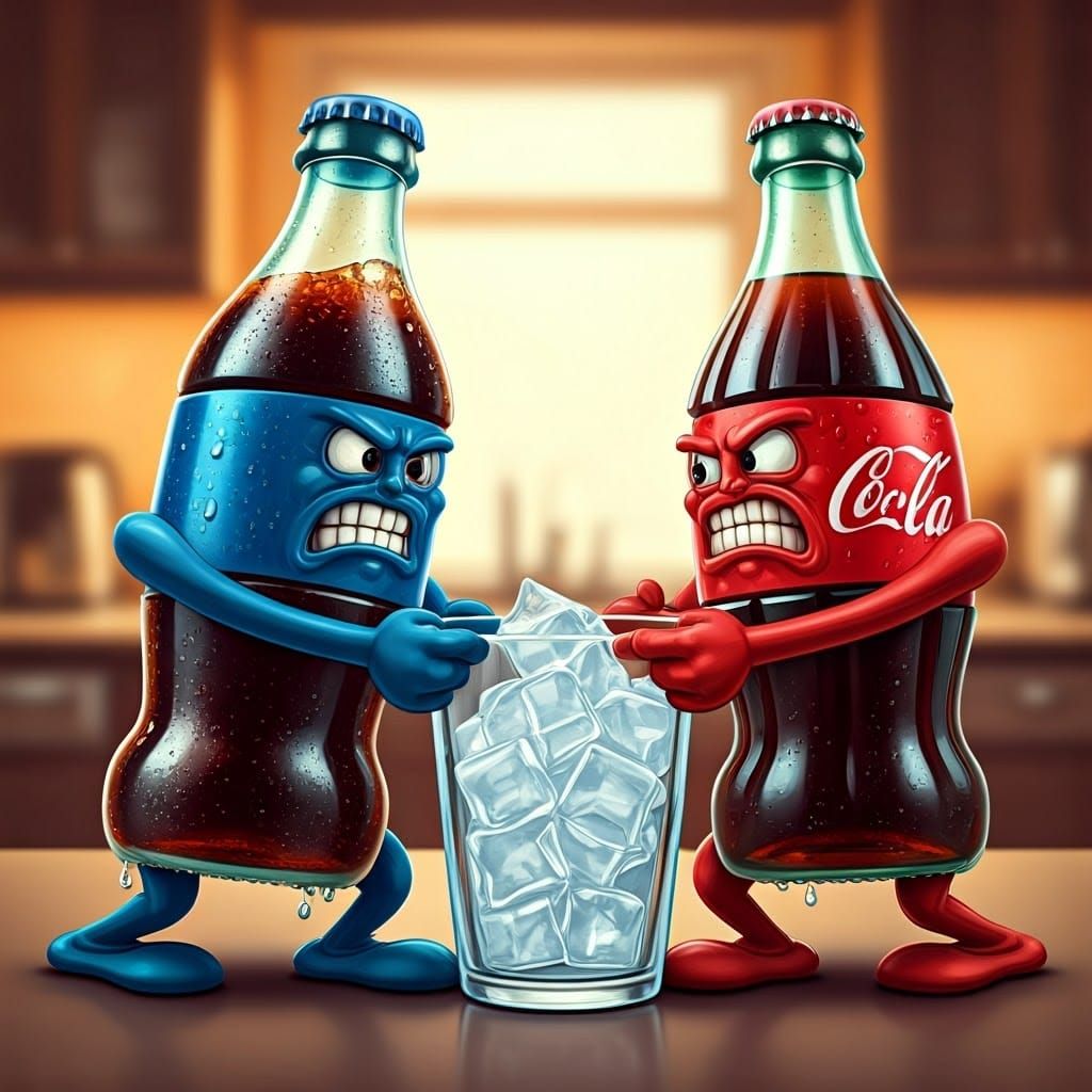 Two anthropomorphic open soda bottles competing for an empty...