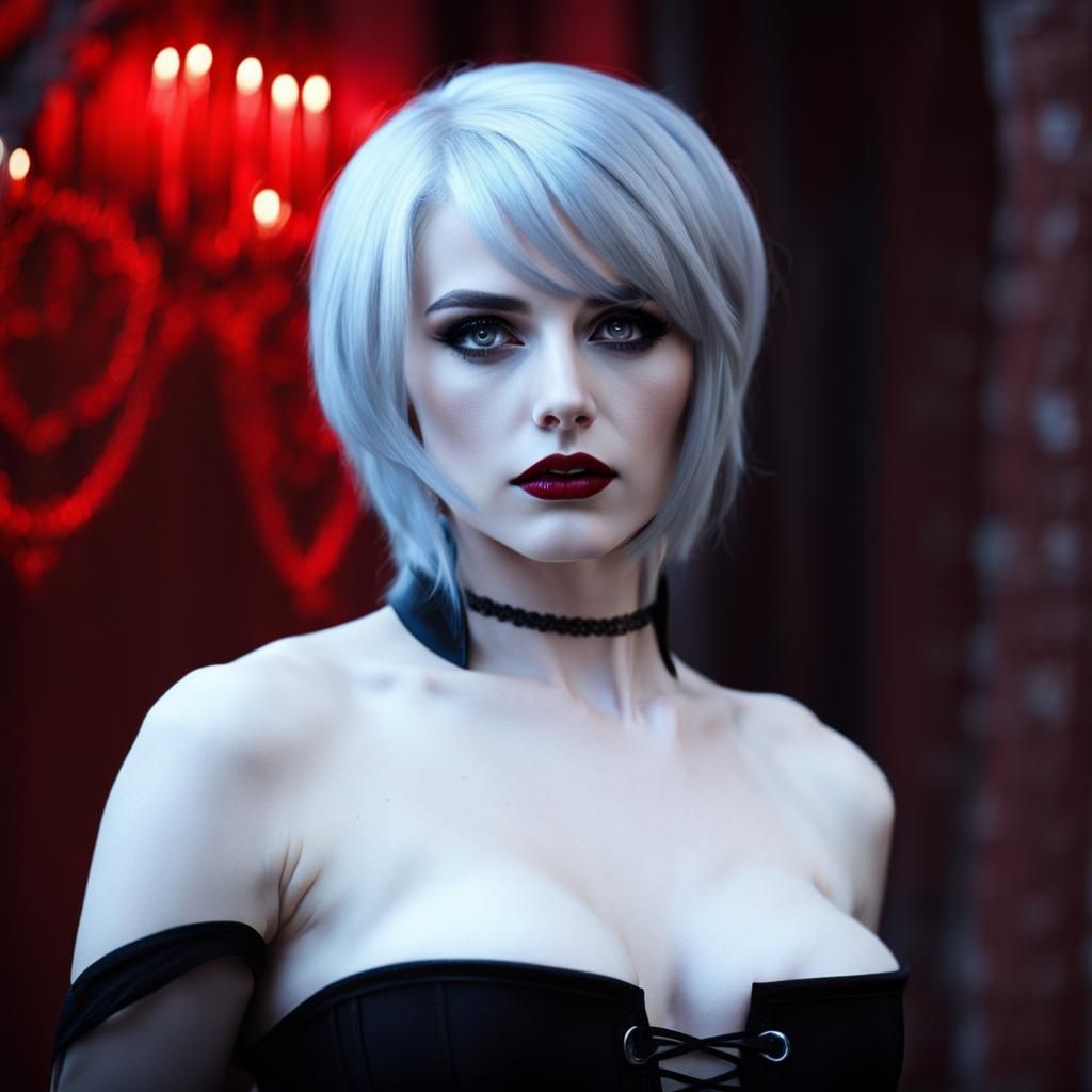 Pale Woman with White Hair in Black Corset