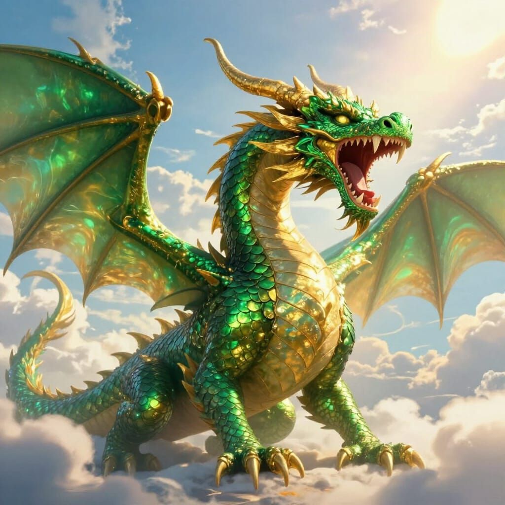 Majestic Green and Gold Dragon Roaring in Vibrant Sky