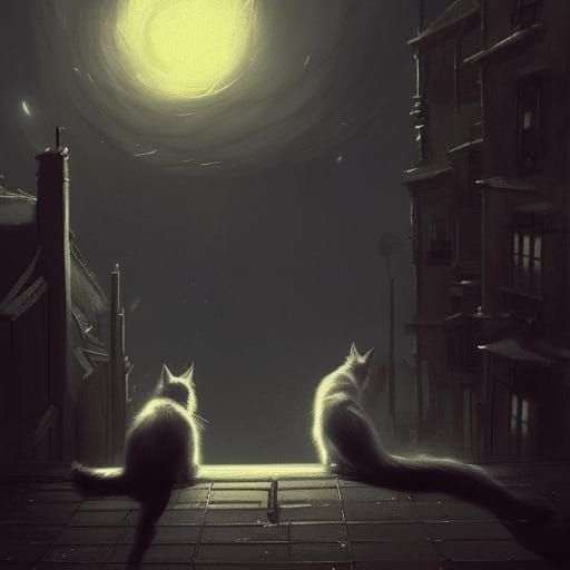 Black and White Cats on a Roof in Dark Fantasy Style