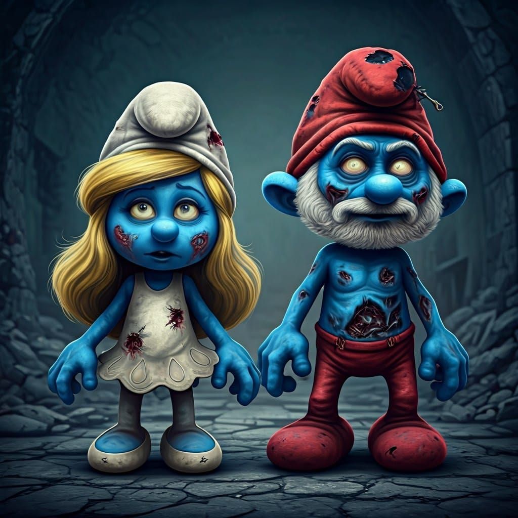 Zombie Smurfette and Papa Smurf in Ruined Village