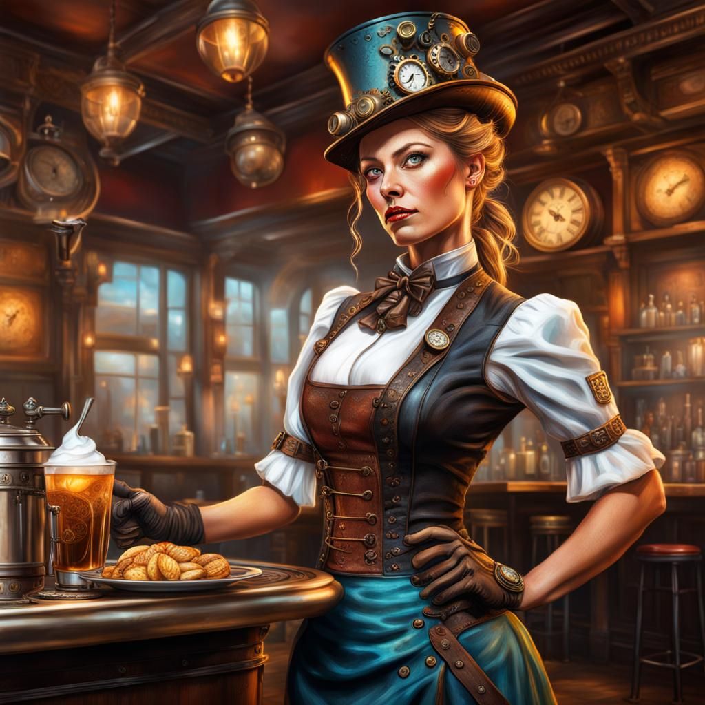 Intricate Steampunk Waitress in Hyperrealistic Style
