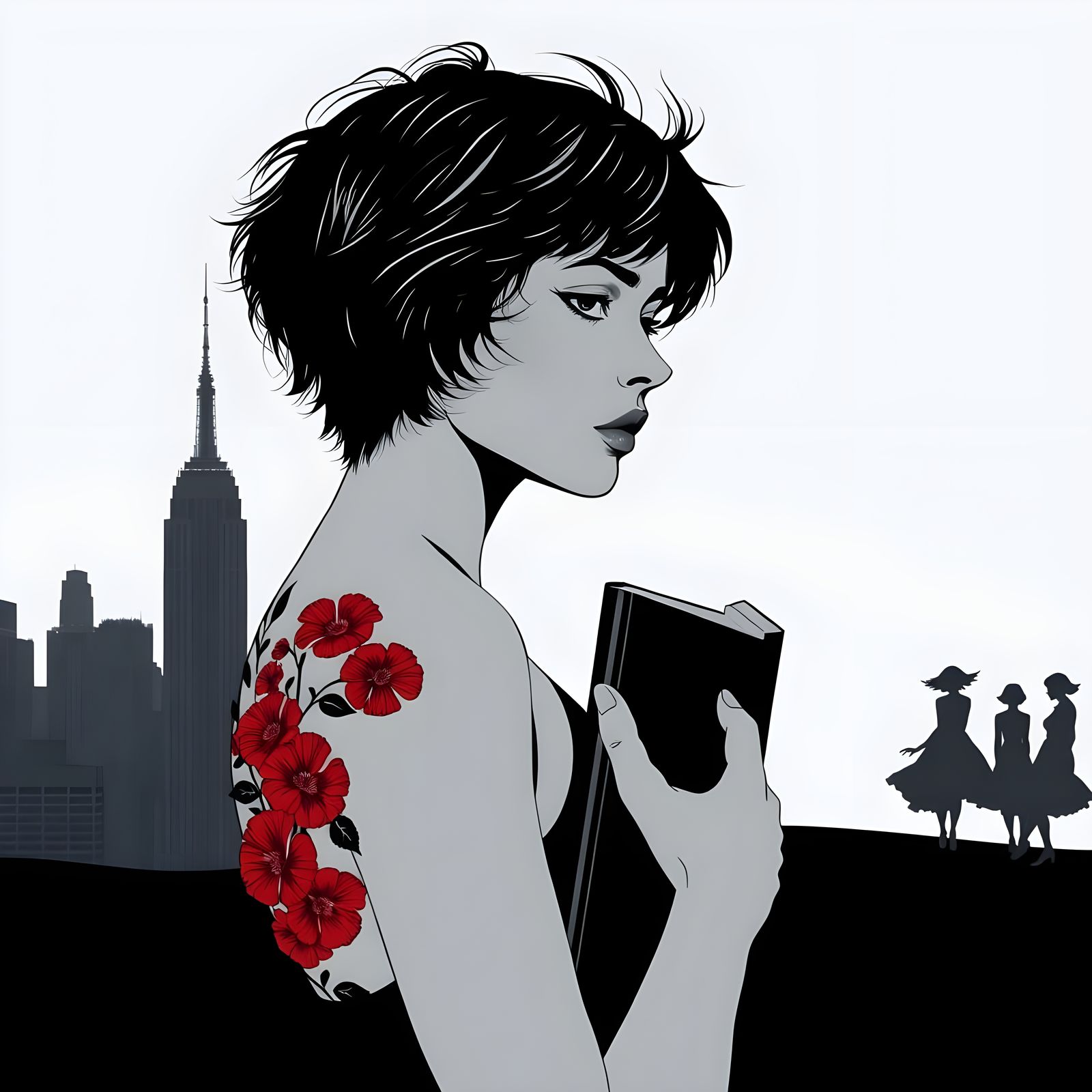 Striking Woman Silhouette with Red Floral Tattoo and NYC Bac...