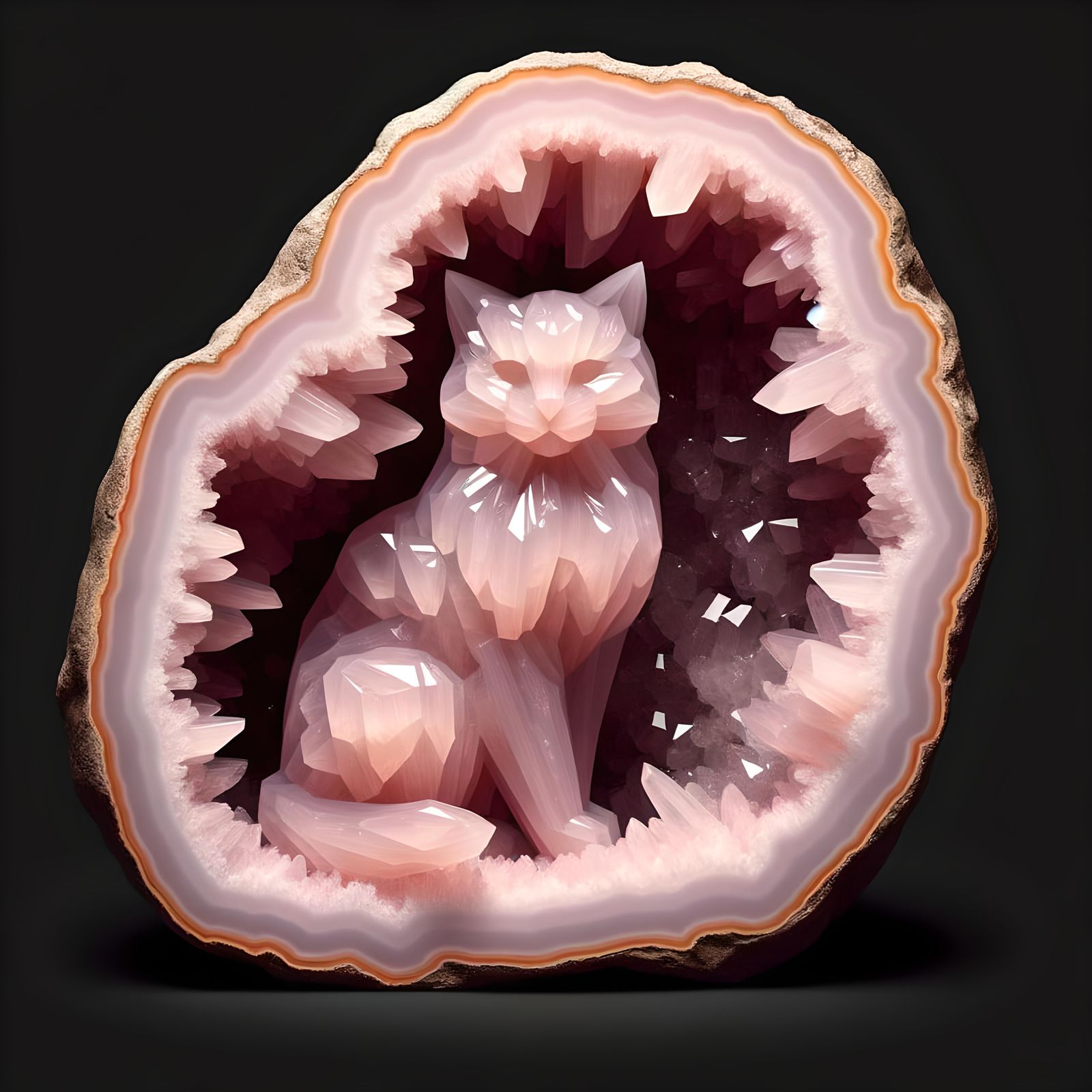 Pink Quartz Geode Reveals Crystal Cat Shape