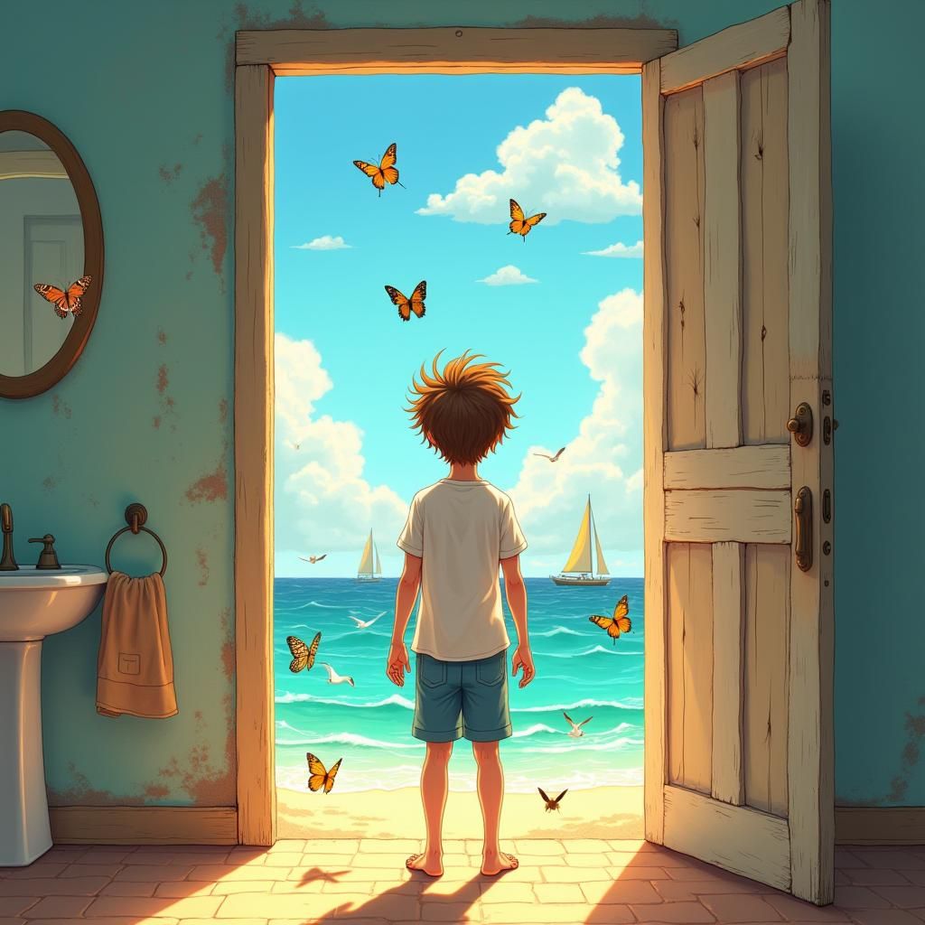 Boy Opens Door to Summer Seaside: Anime Style