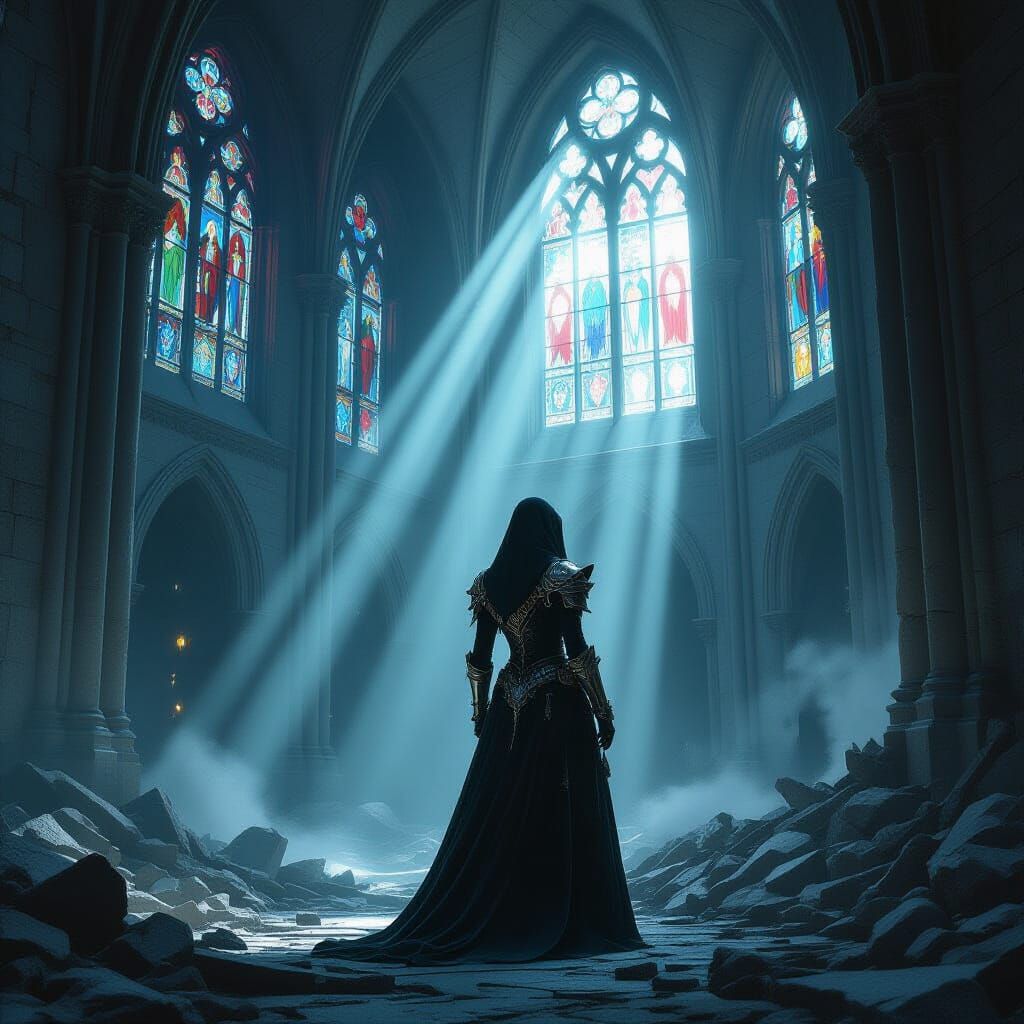Inquisitor in Ruined Cathedral, Dark Fantasy Concept Art