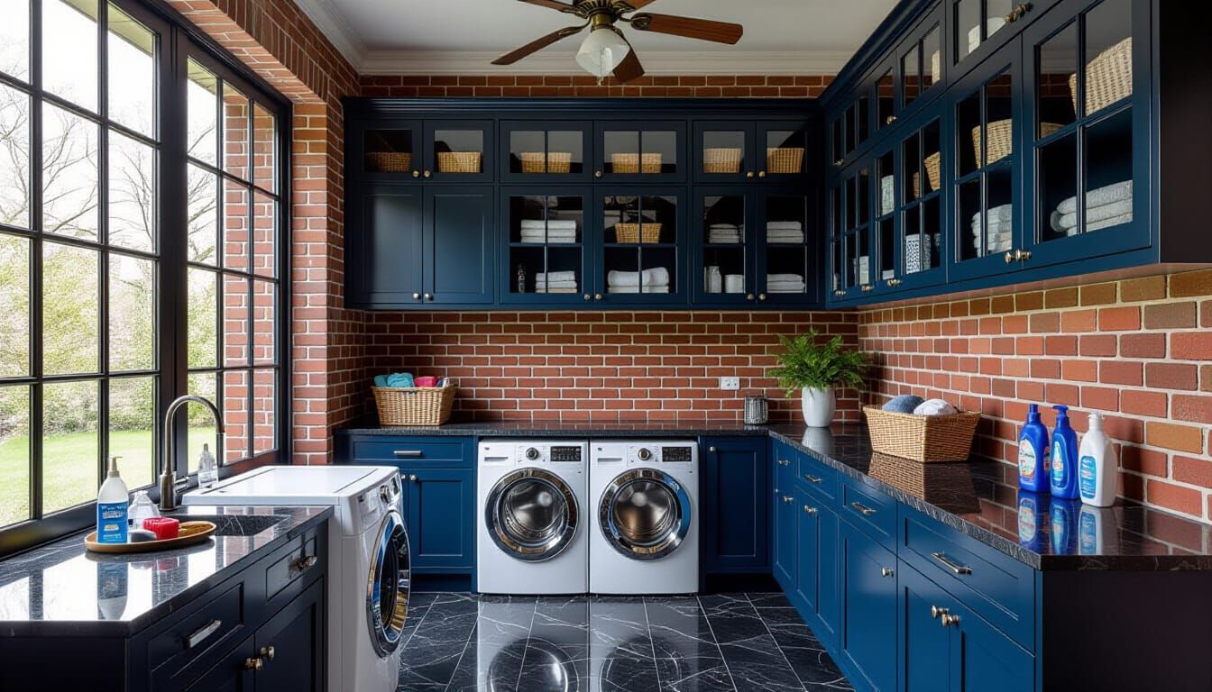 Victorian Laundry Room with Dark Blue and Brick Accents