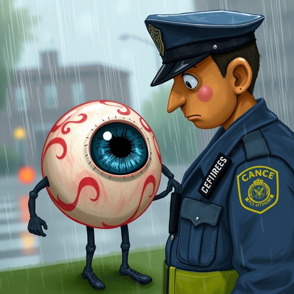 Anthropomorphic Eyeball Talks to Police Officer