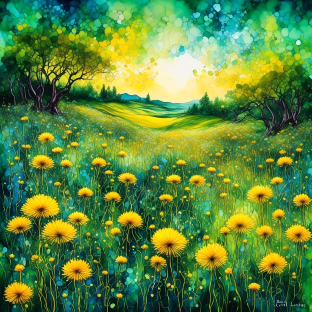 <lora:Graffiti Doom:1.0> <lora:PR Alcohol WC Glass:1.0> Alcohol ink landscape of dandelions in a field with the sea visi...