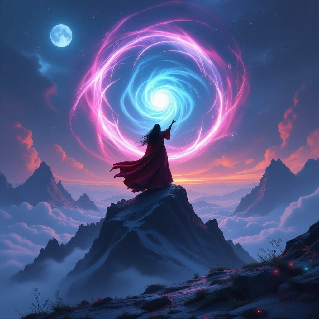 Crimson Sorceress Conjures Energy Vortex Over Alien Landscap...