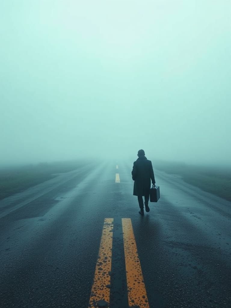 Misty Crossroads: Person on Uncertainty Road