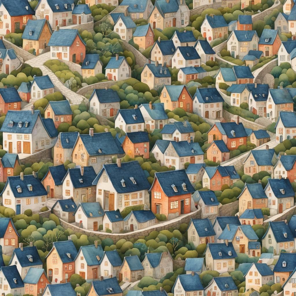 Cozy Hillside Village in Watercolor Style