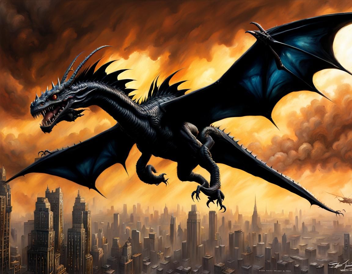 Black Wyvern Flying: Realistic Fantasy Action Painting