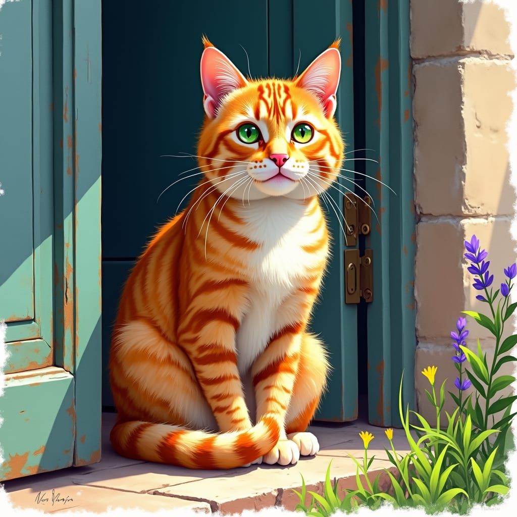 Orange Tabby Cat at Door in Watercolor Style