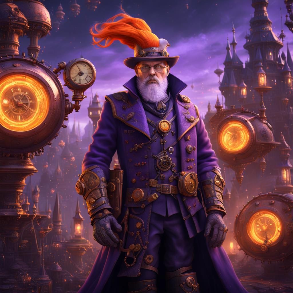 Steampunk Wizard with Orange Hair, Detailed Digital Art