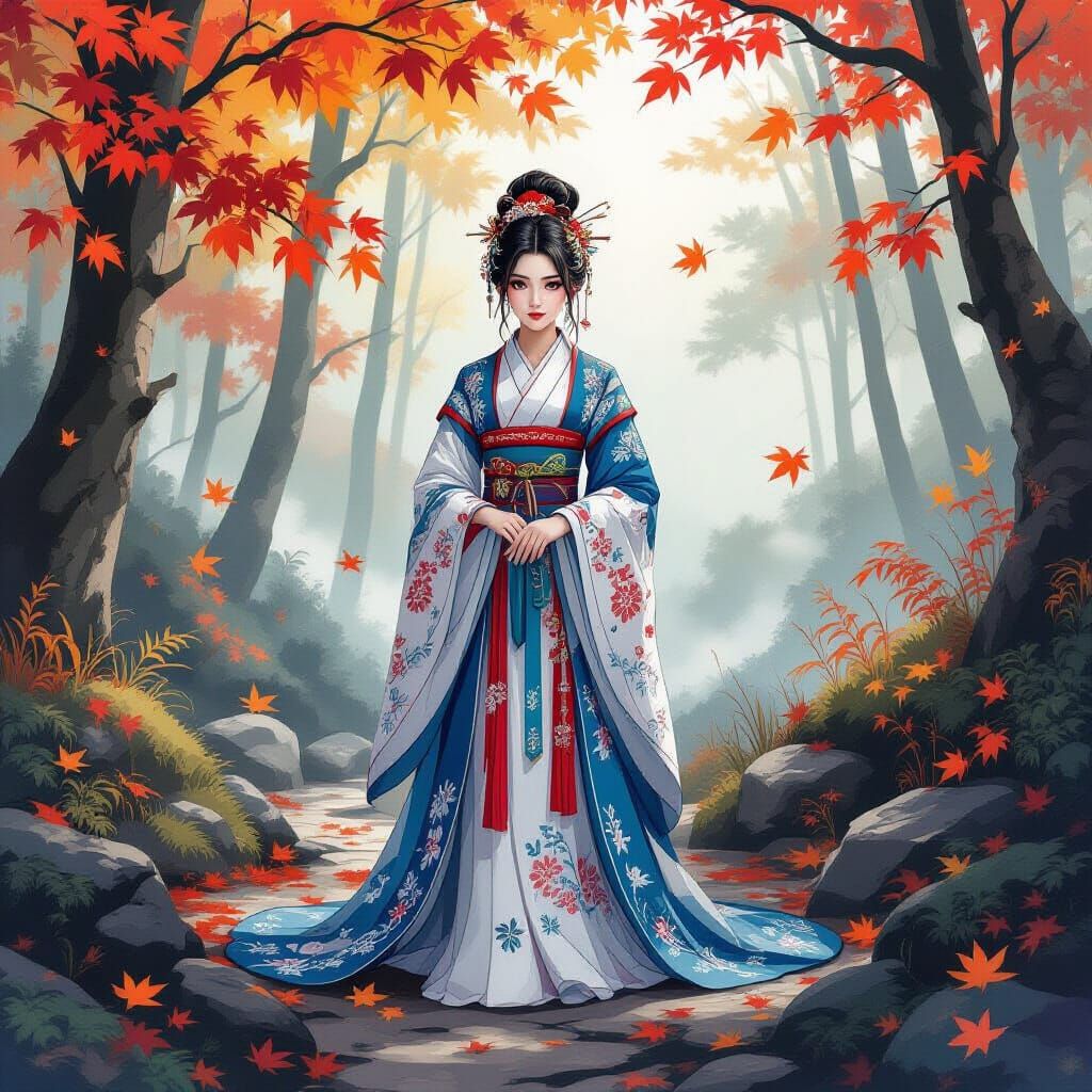 Elegant Figure in Autumn Forest, Watercolor Style