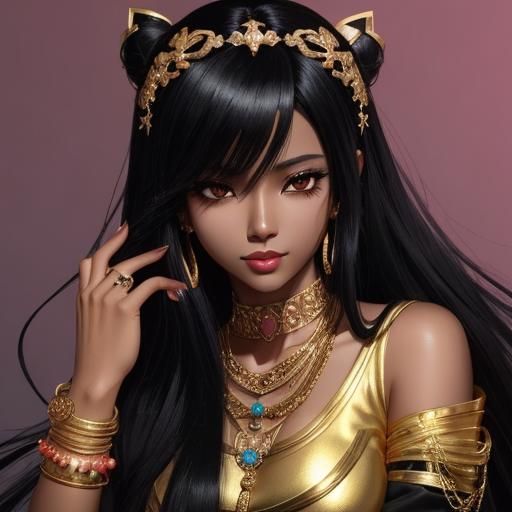 Anime Style Portrait of Woman with Golden Jewelry