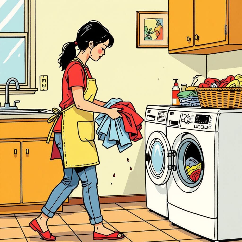 Woman Doing Laundry in Graphic Novel Style