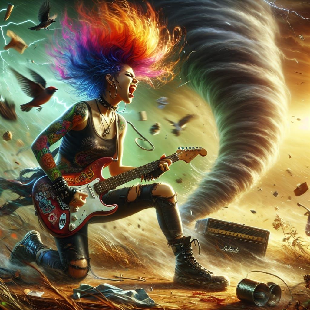 Punk Rocker Headbanging in Tornado: Oil Painting