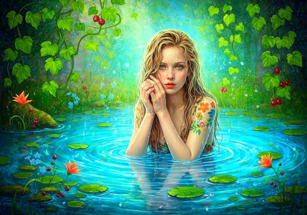 Enchanting Nymph in Luminescent Spring, Magical Realism