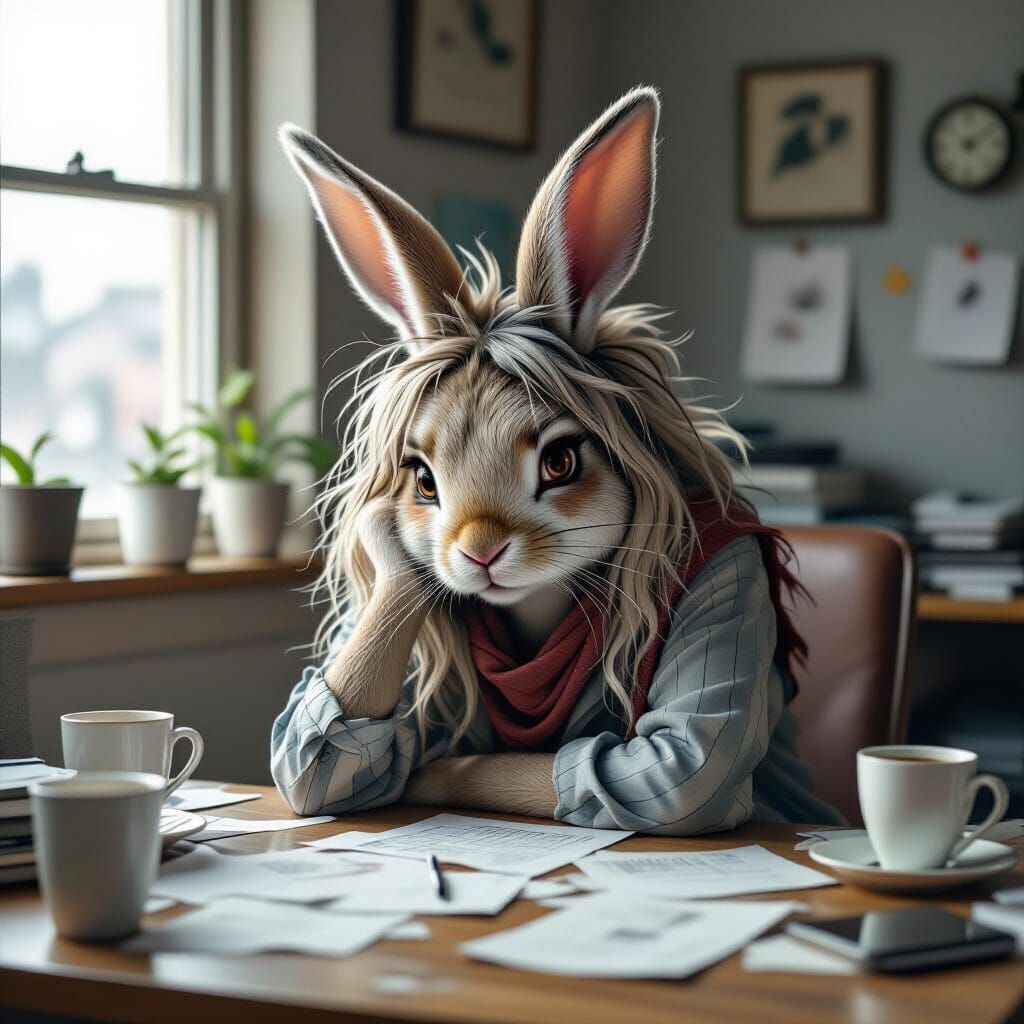 Rabbit Humanoid Slumped at Desk, Digital Art